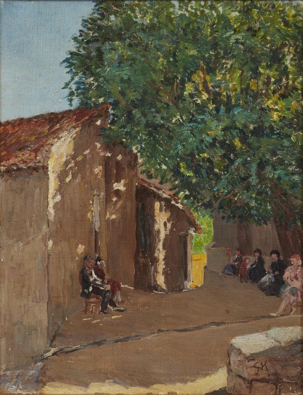 Paesaggio con casa colonica e contadini